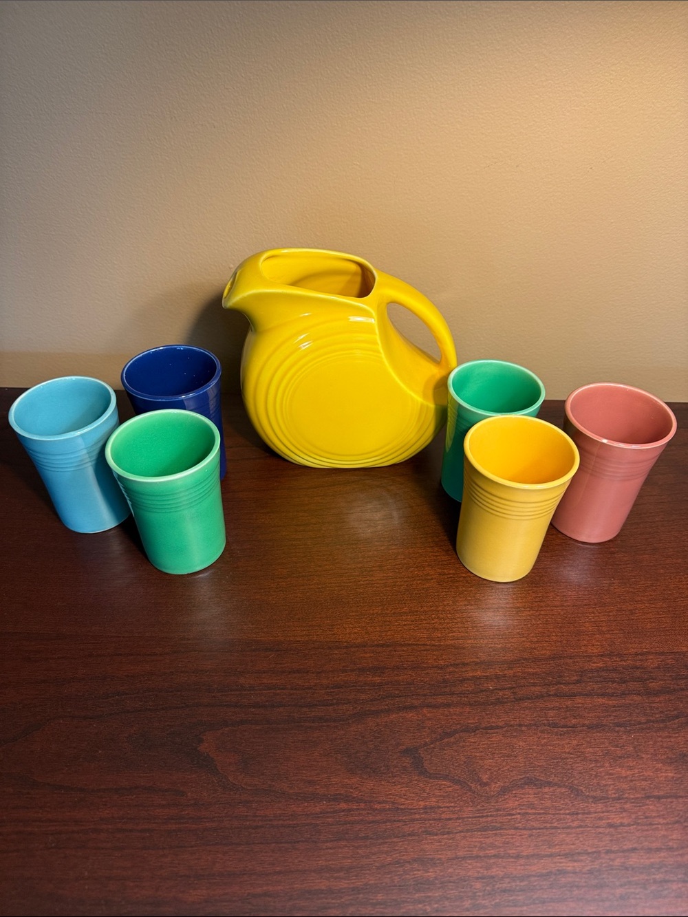Vintage Fiesta Pitcher & Tumbler Set - Yellow Pitcher with Assorted Tumblers